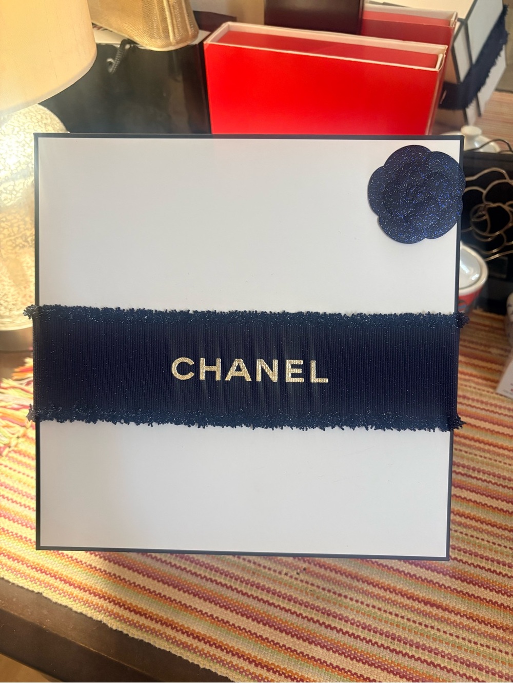 Chanel  Box with Navy Blue Ribbon and Camelia NWOT